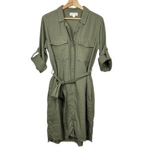 ANTHROPOLOGIE Cloth & Stone Linen Blend Utility Shirt Dress, Green, Size Small